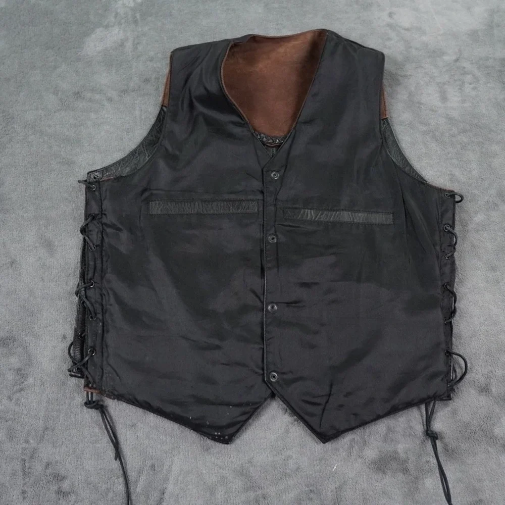 Leather King Motorcycle Vest Mens Medium Black Brown Suede Lace Up Biker Western